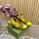 HORSEBIT HIGH-HEEL SANDAL WITH LEOPARD PRINT IN BRIGHT YELLOW VELVET AND CALFSKIN LINING